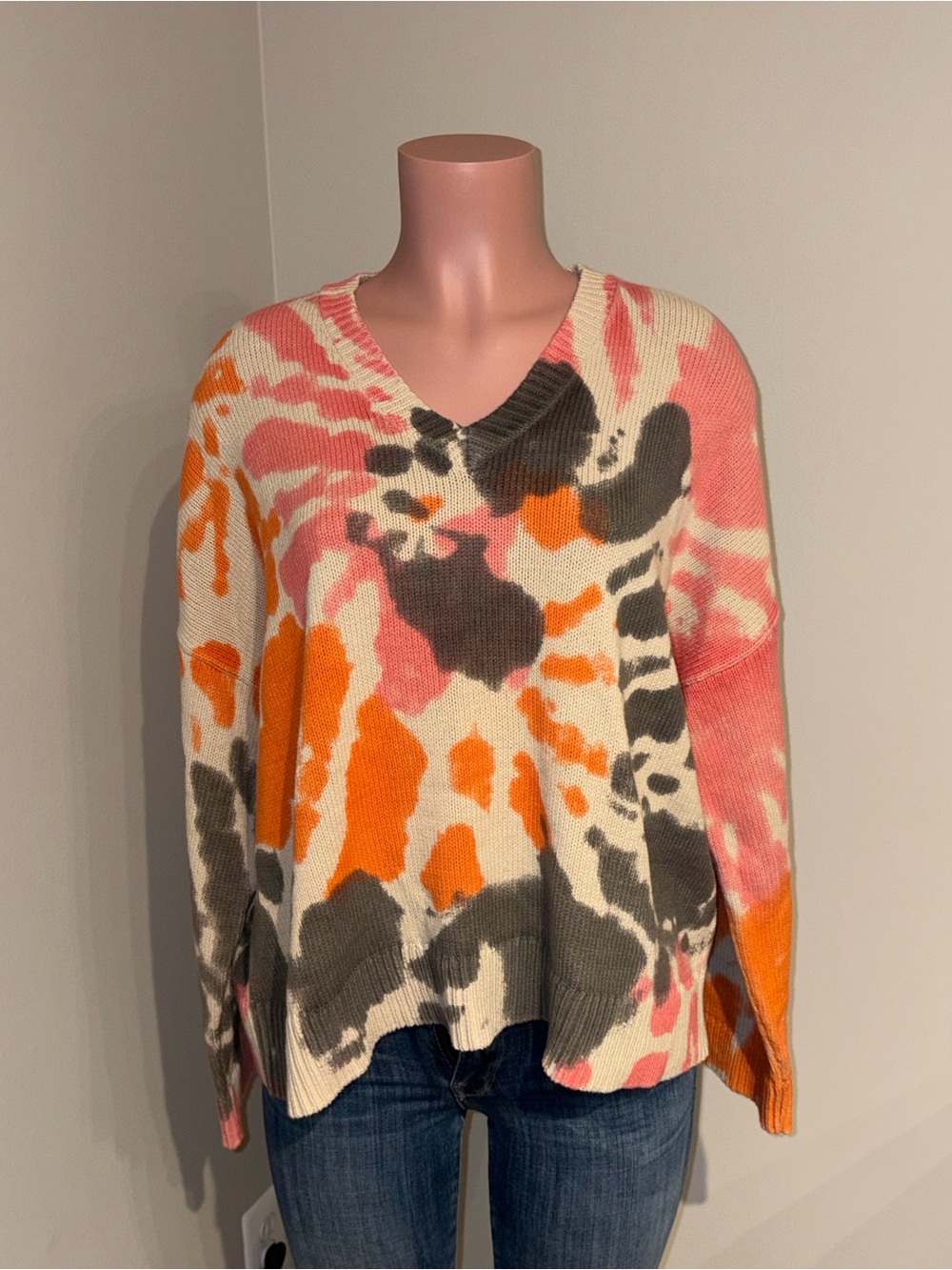 Lisa Todd Multicolor Tie-Dye V-Neck Sweater - Pink, Orange, Gray, Cream